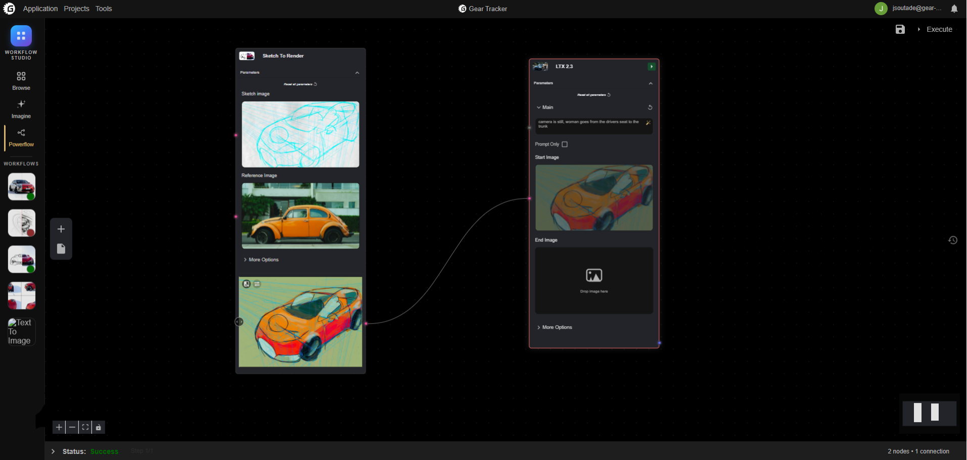 Two workflows joined on the Powerflow board: a sketch-to-render block feeding its result into a video block