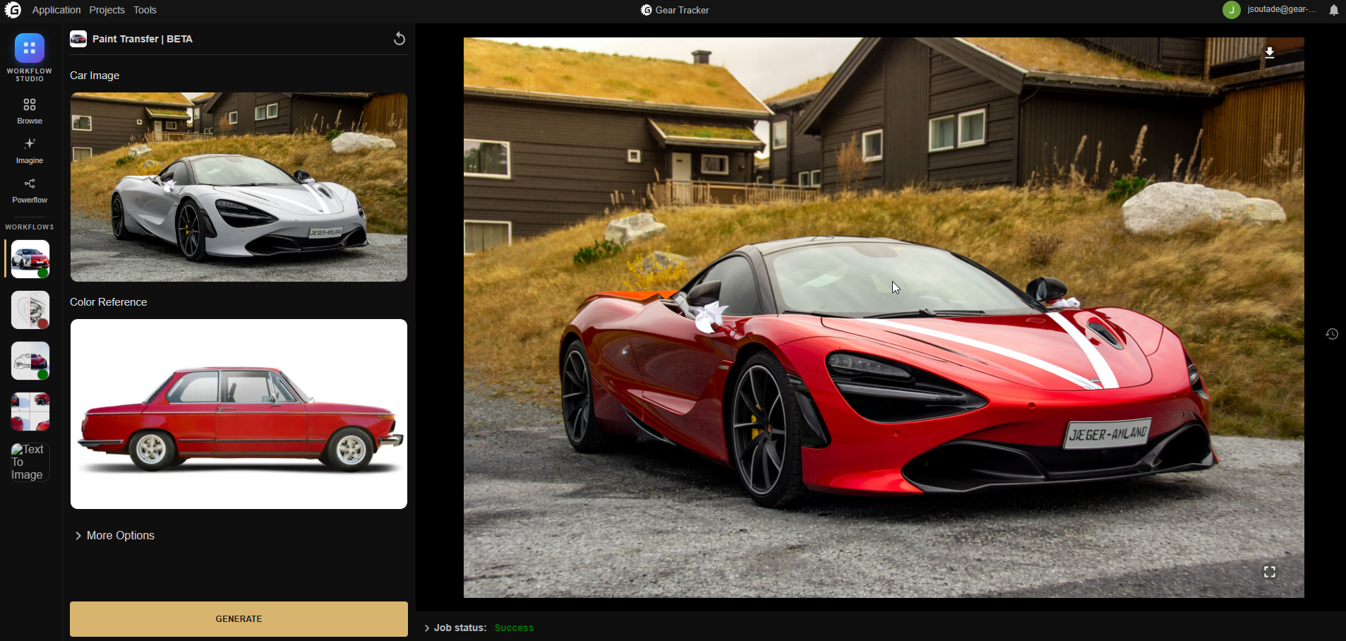 A paint-transfer workflow in Workflow Studio: its form on the left, the generated car on the right